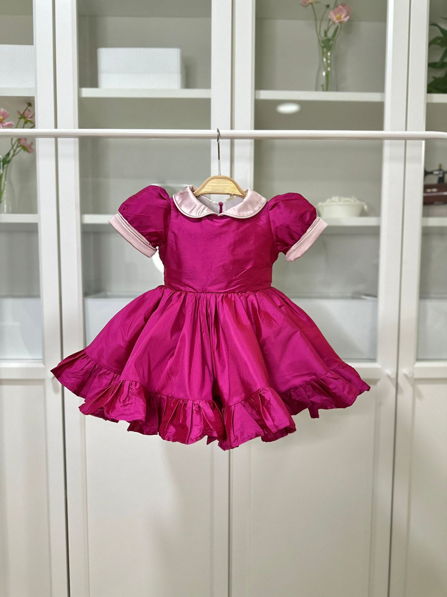Atelier Des Reves Burgundy taffeta dress with dusty rose collar