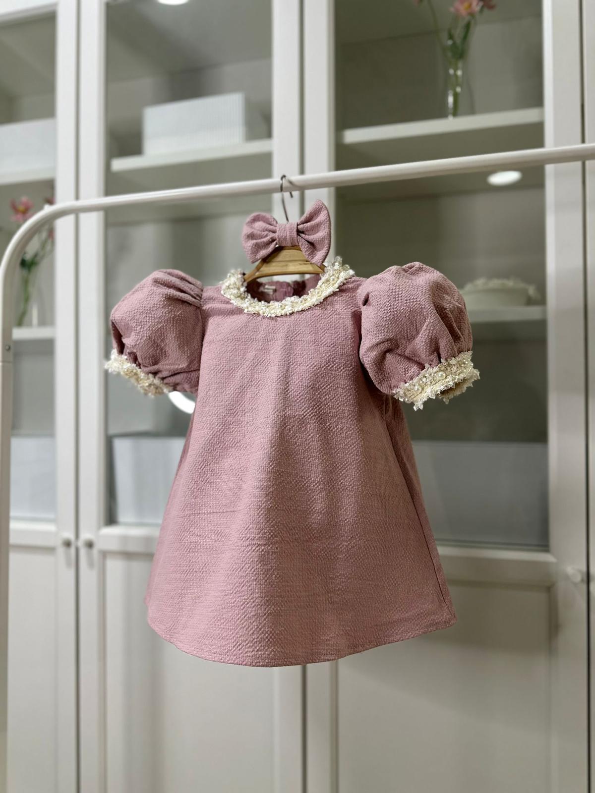 Atelier Des Reves Dusty Rose Tweed Dress pearl detailed