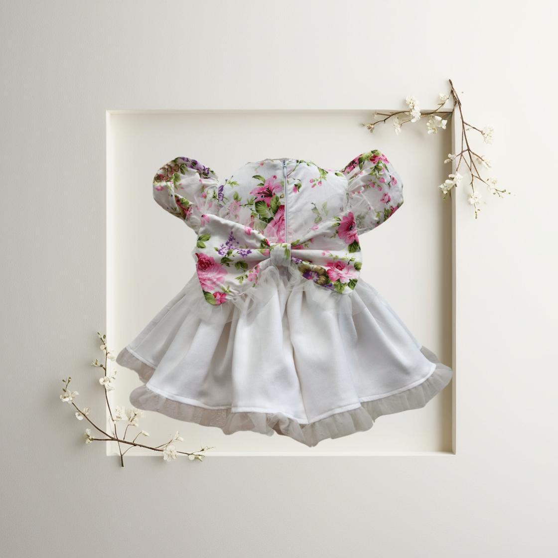 Atelier Des Reves Short Sleeve Floral & White Bow Dress