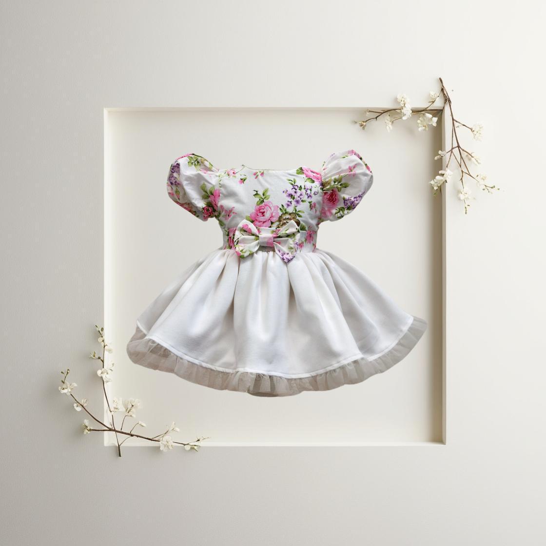 Atelier Des Reves Short Sleeve Floral & White Bow Dress