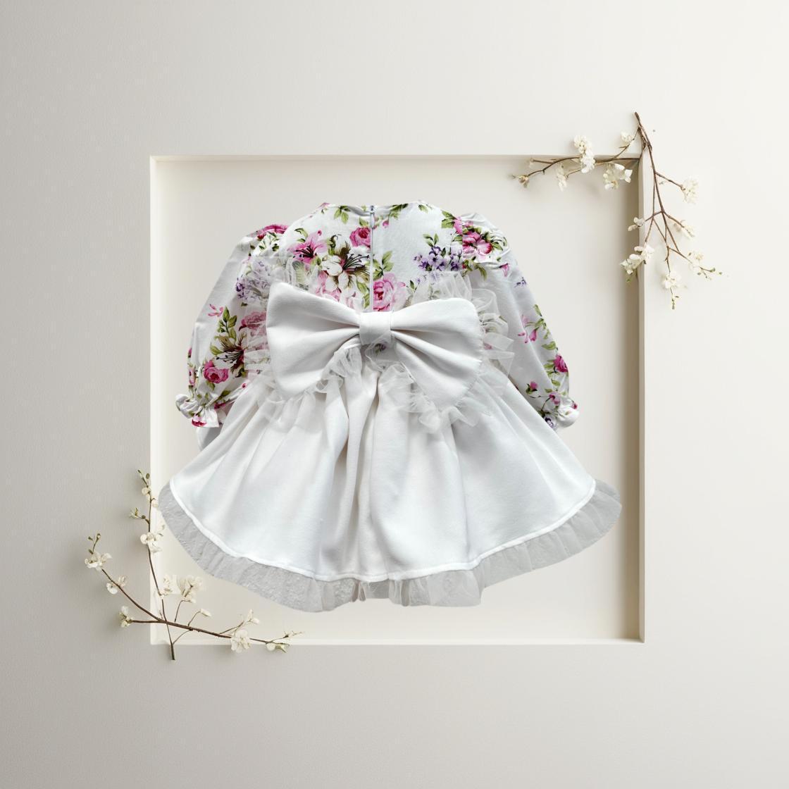 Atelier Des Reves Long Sleeve Floral & White Bow Dress