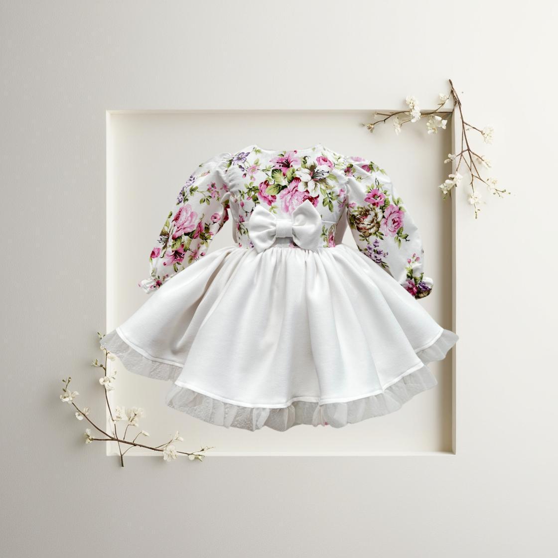 Atelier Des Reves Long Sleeve Floral & White Bow Dress