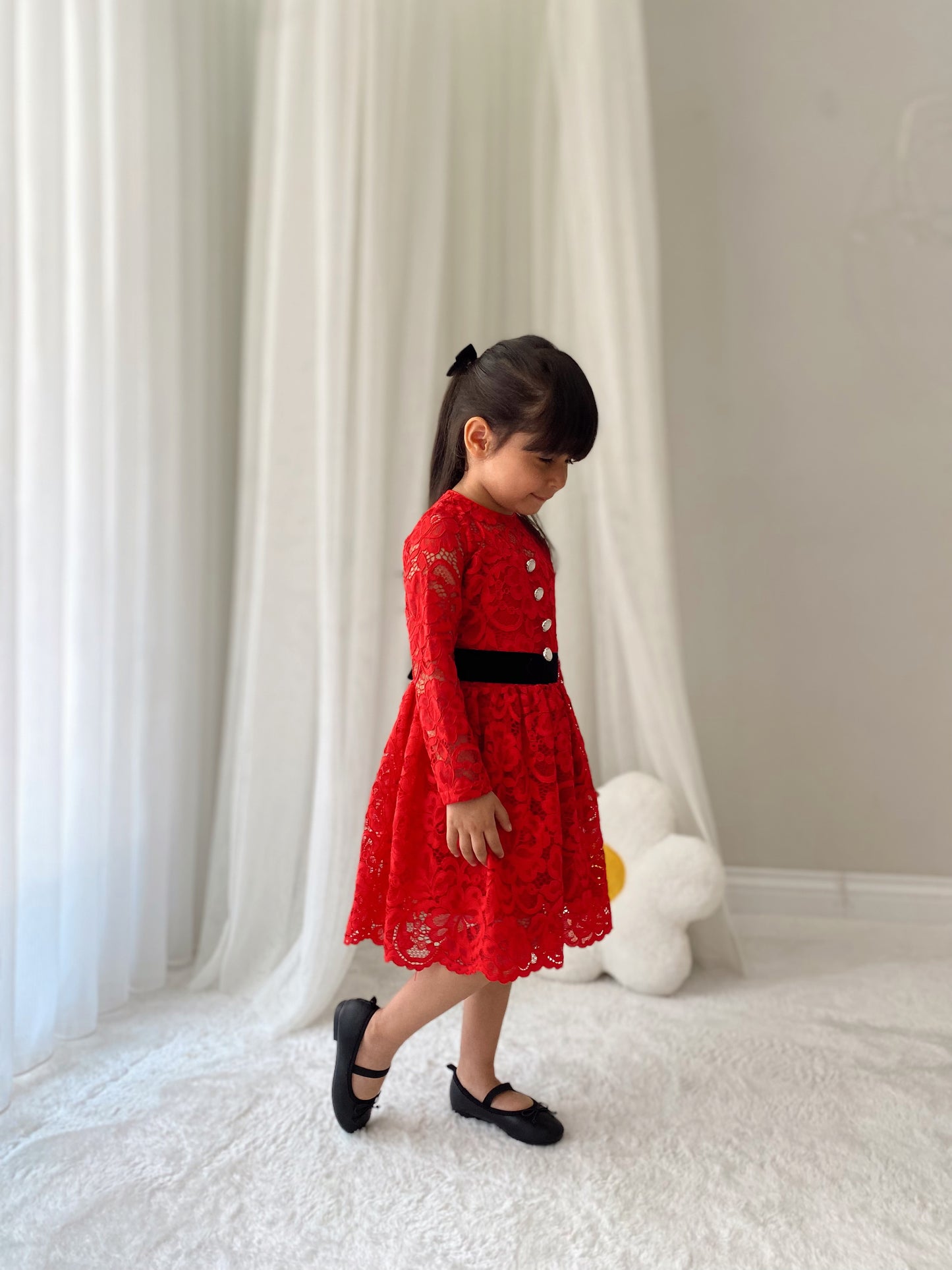 Atelier Des Reves Red Lace Dress with Black Velvet Bow & Ivory Pearl Button