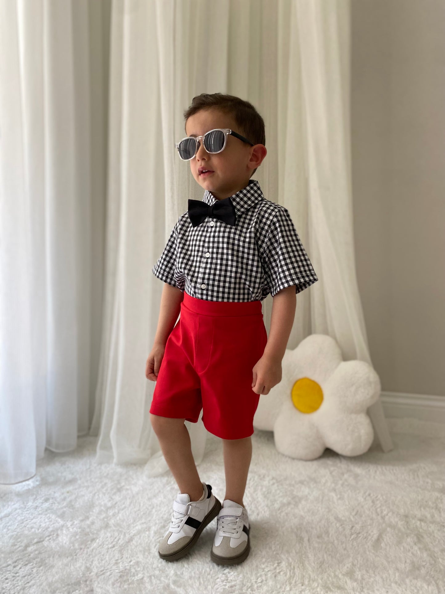 Atelier Des Reves Boys Black White Gingham Shirt Red Short Set