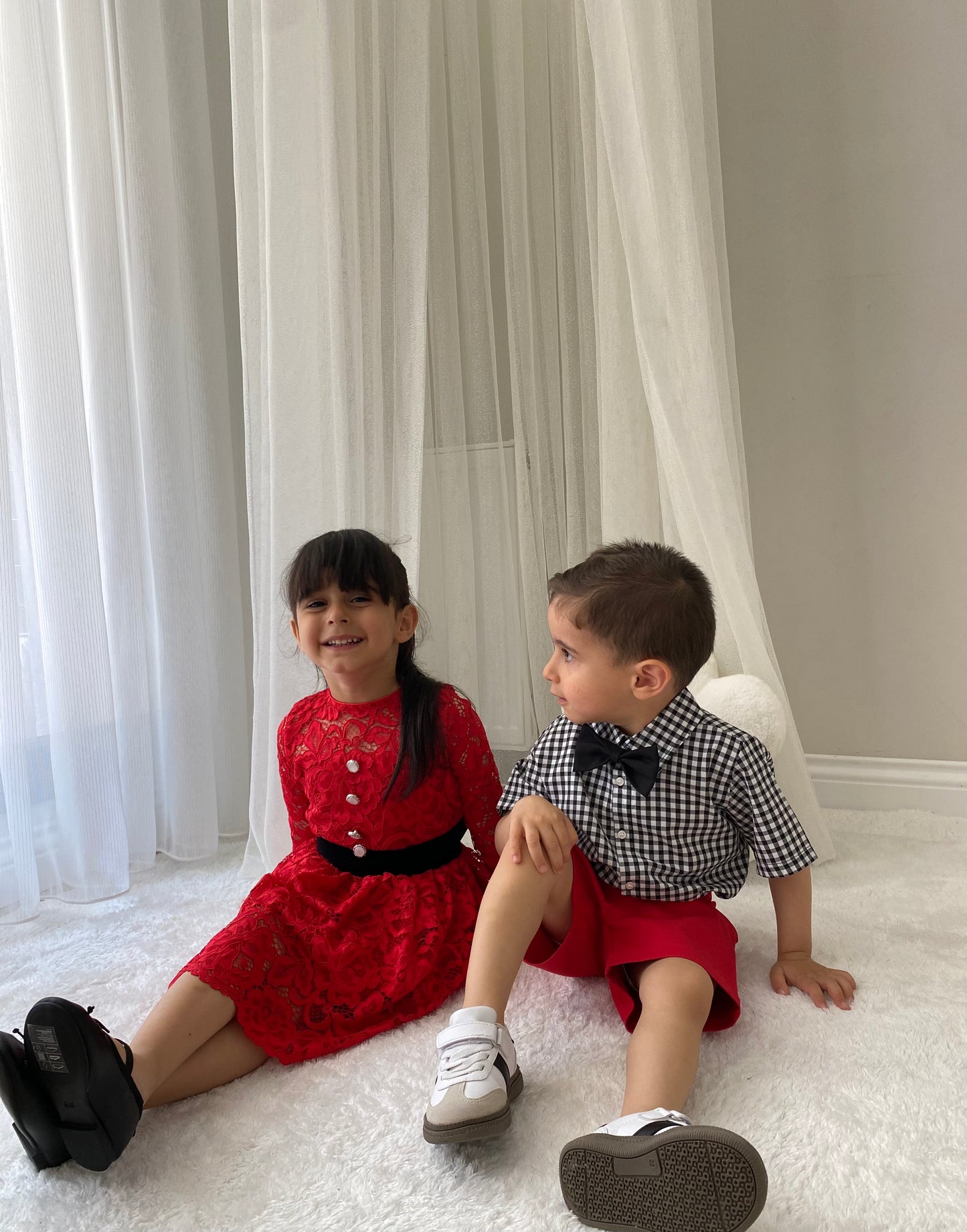 Atelier Des Reves Boys Black White Gingham Shirt Red Short Set