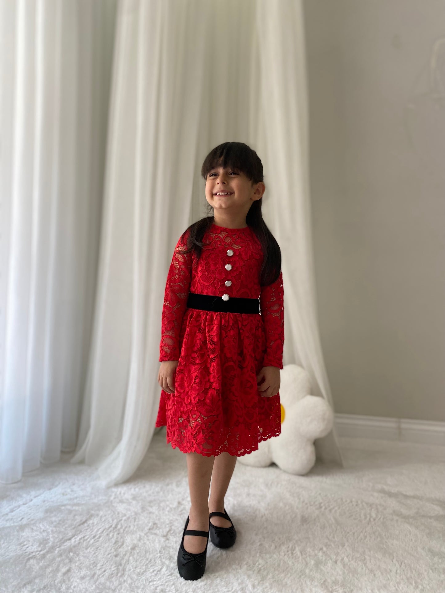 Atelier Des Reves Red Lace Dress with Black Velvet Bow & Ivory Pearl Button