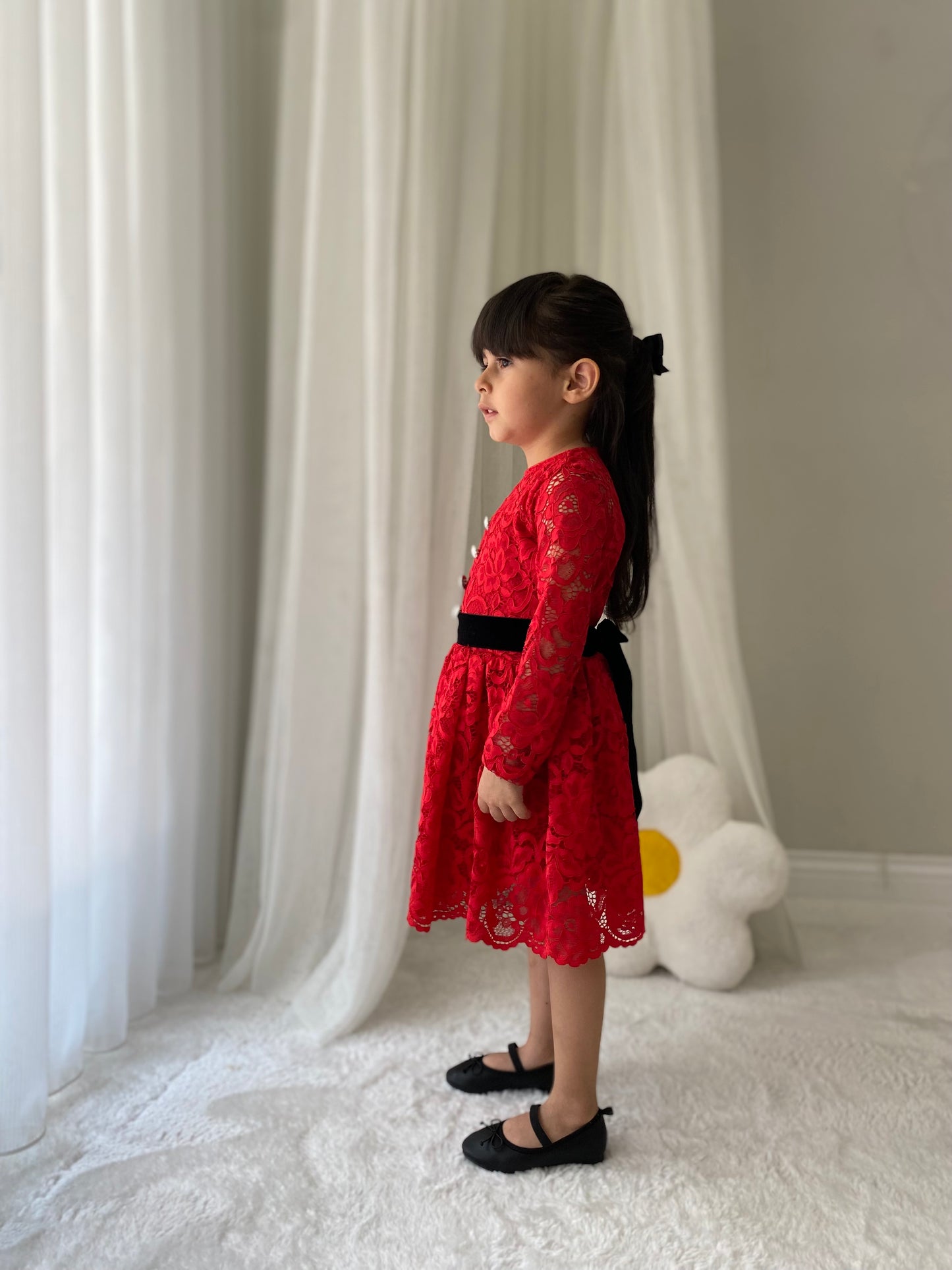 Atelier Des Reves Red Lace Dress with Black Velvet Bow & Ivory Pearl Button