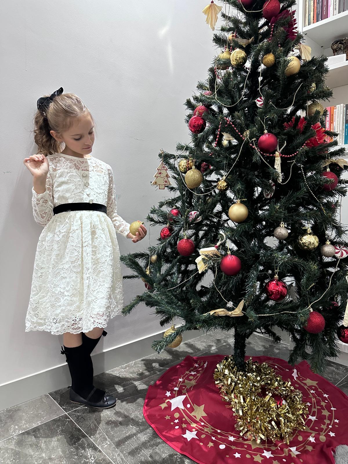 Atelier Des Reves Ivory Lace Dress with Black Velvet Bow & Ivory Pearl Button