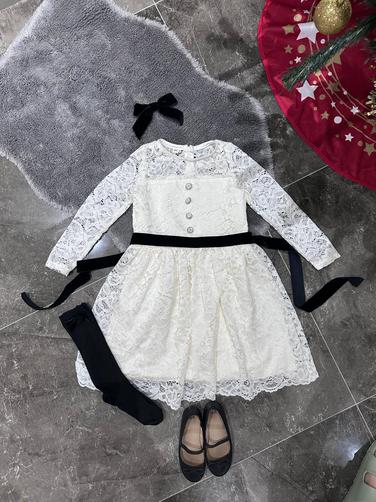 Atelier Des Reves Ivory Lace Dress with Black Velvet Bow & Ivory Pearl Button