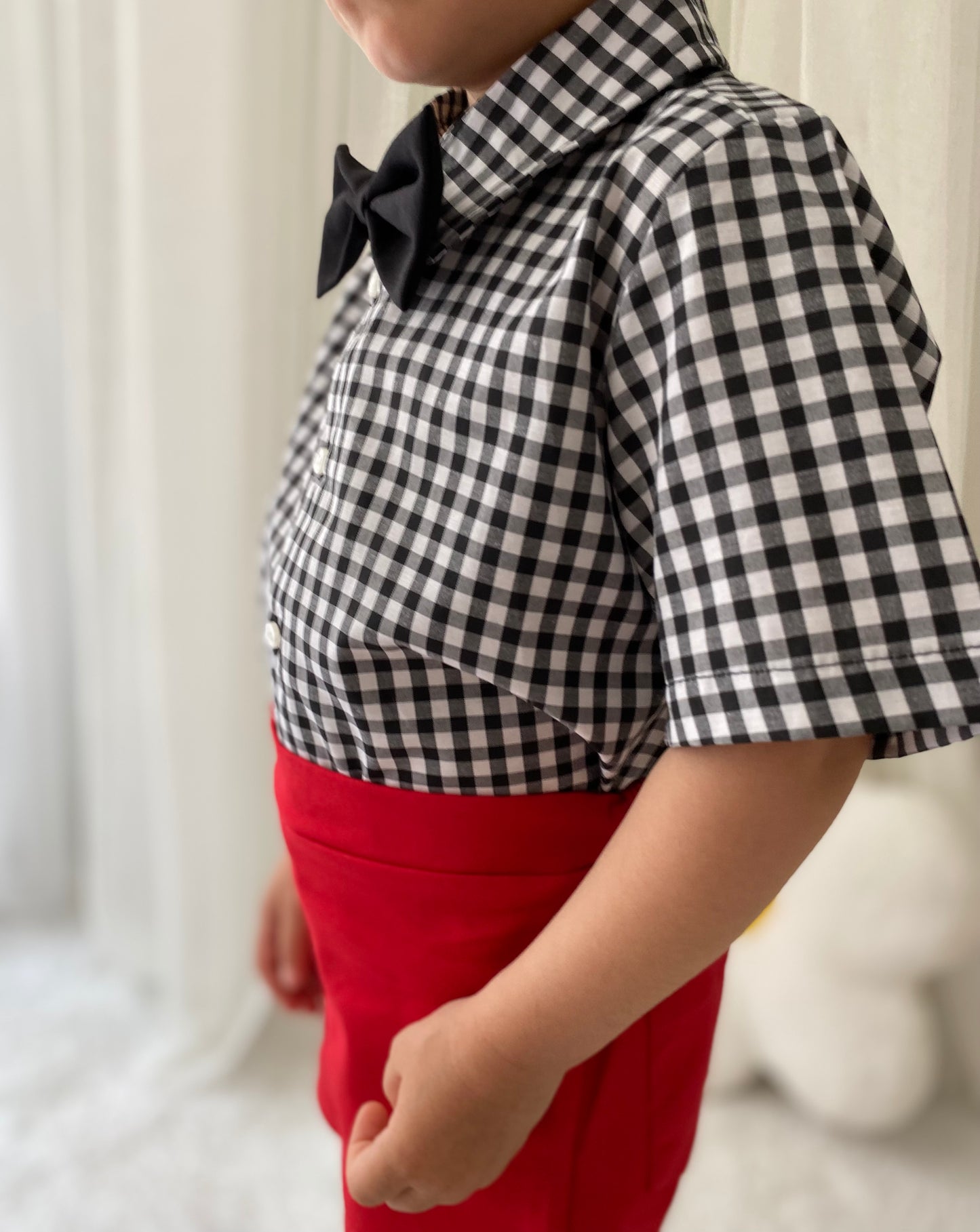 Atelier Des Reves Boys Black White Gingham Shirt Red Short Set