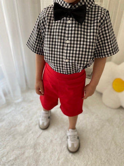 Atelier Des Reves Boys Black White Gingham Shirt Red Short Set