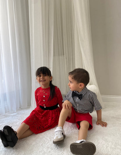 Atelier Des Reves Boys Black White Gingham Shirt Red Short Set
