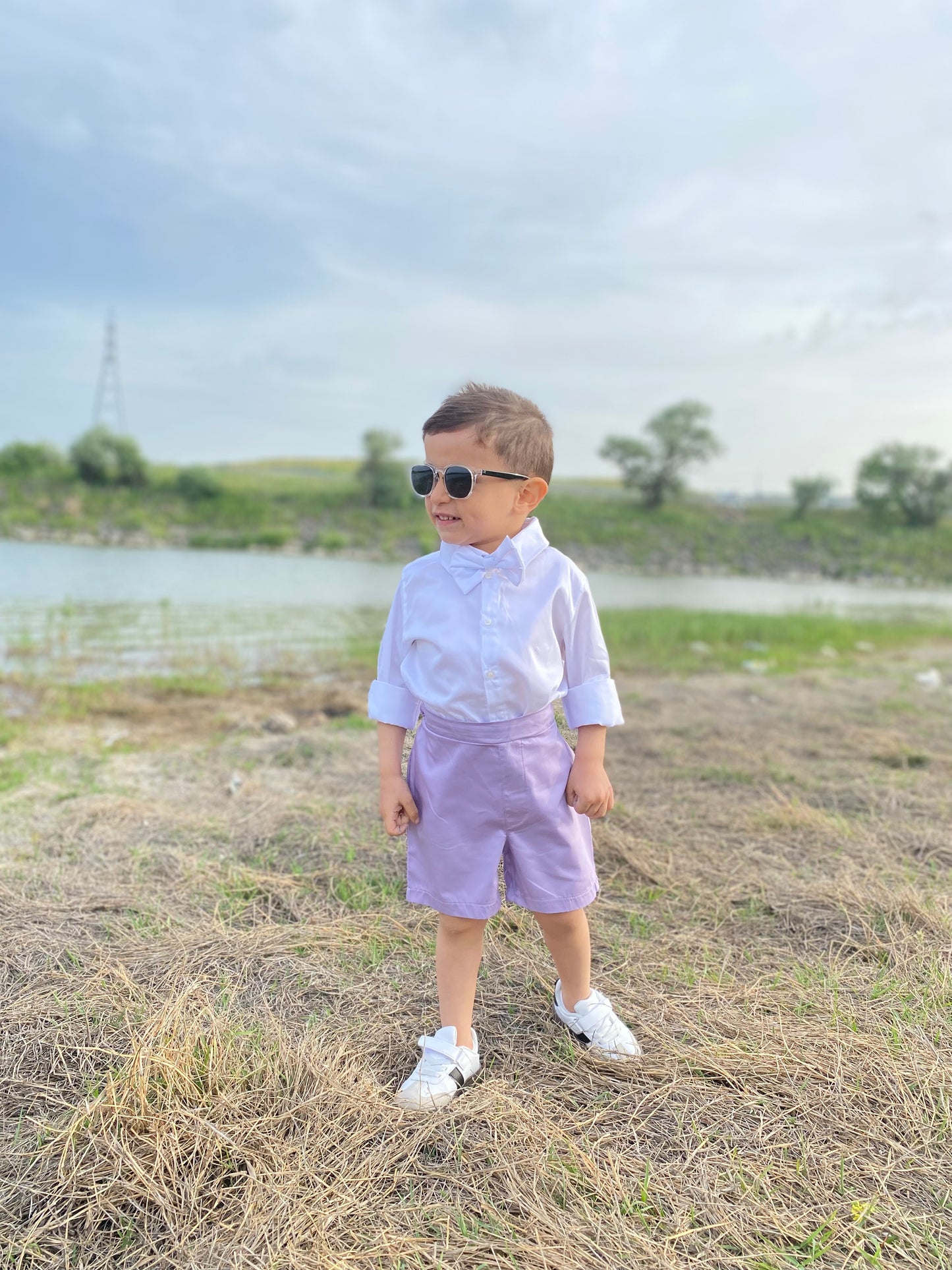Atelier Des Reves Boys White Shirt Lilac Short Set