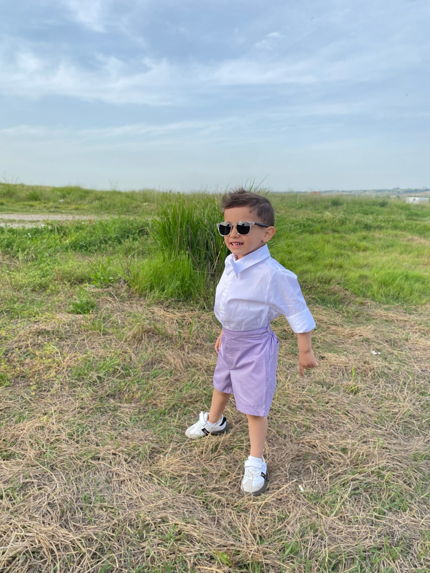 Atelier Des Reves Boys White Shirt Lilac Short Set
